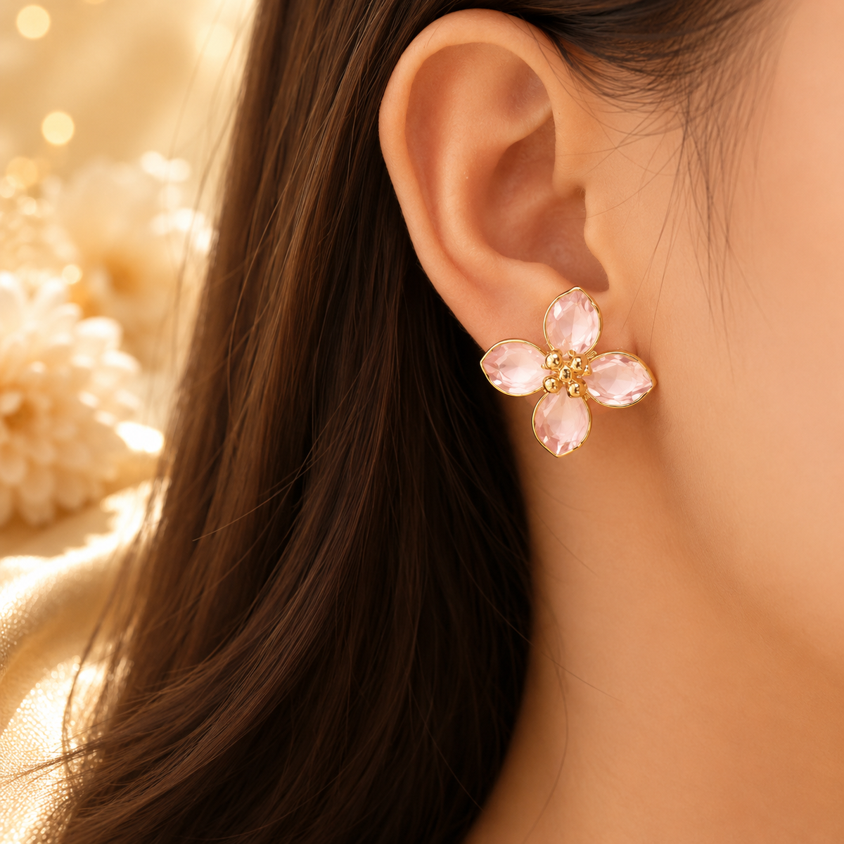 Boucles d’oreilles fleur rose dorée – détail 7