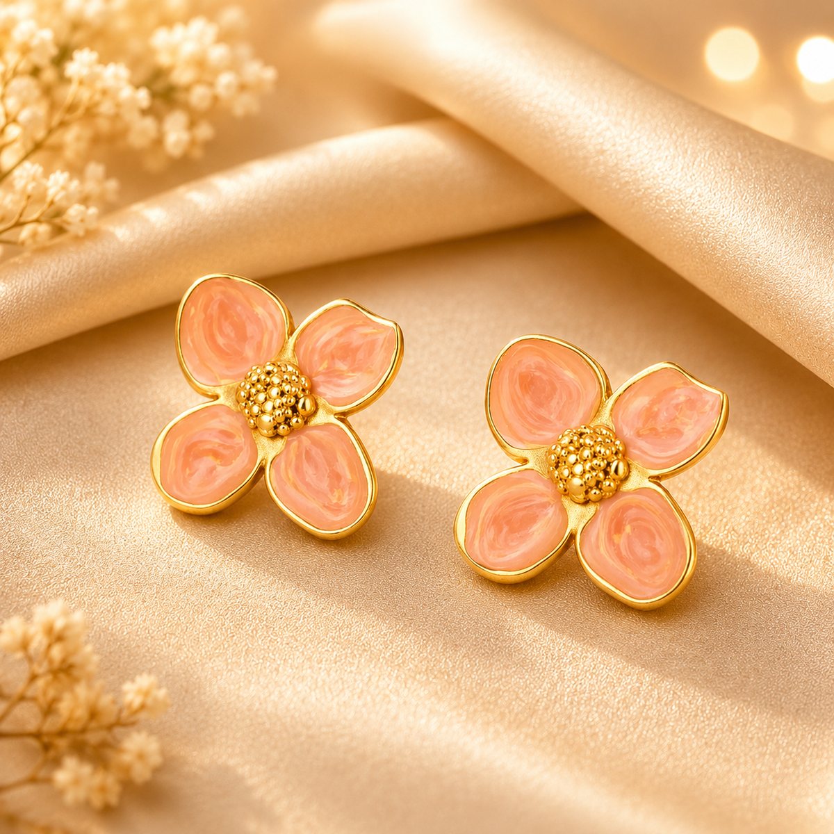 Boucles d’oreilles fleur rose dorée – détail 2