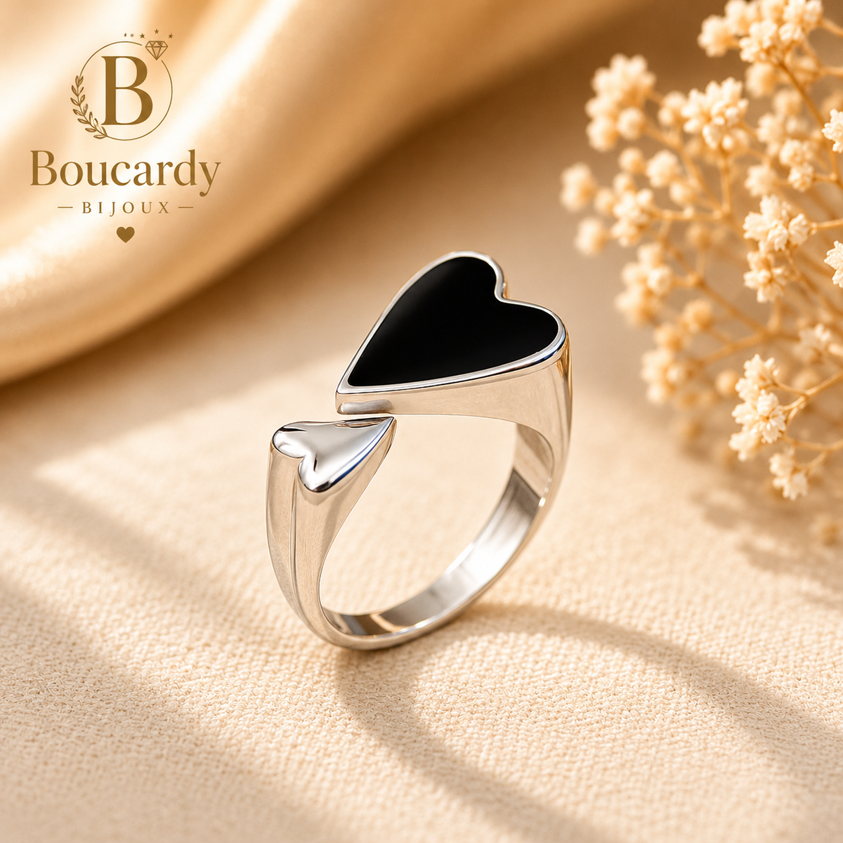 Bague cœur noir ajustable en acier inoxydable – détail 5