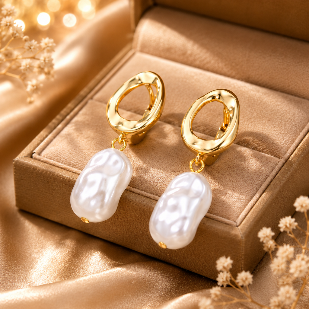 Boucles d’oreilles perles baroques dorées – détail 4