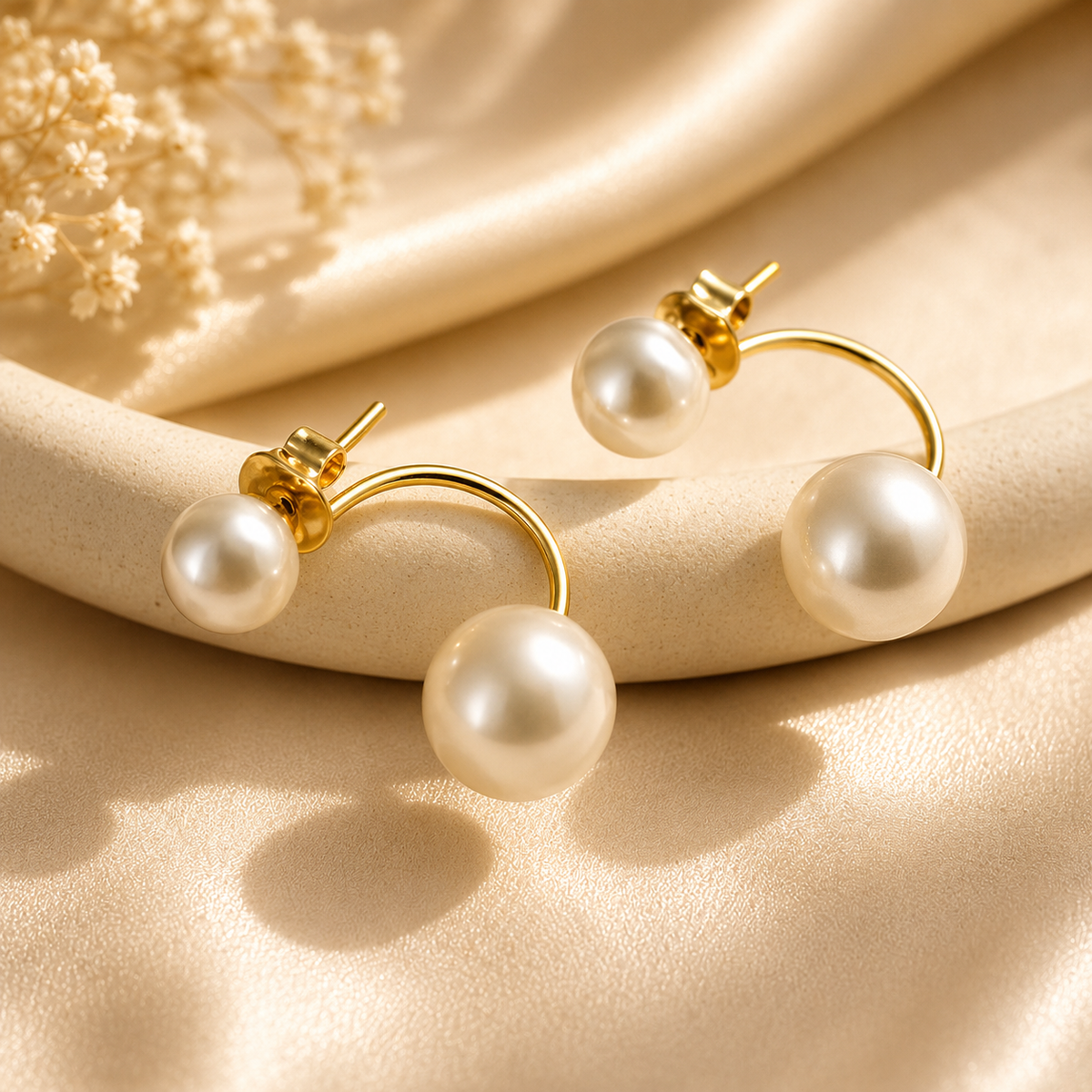 Boucles d’oreilles pendantes double perle – détail 5