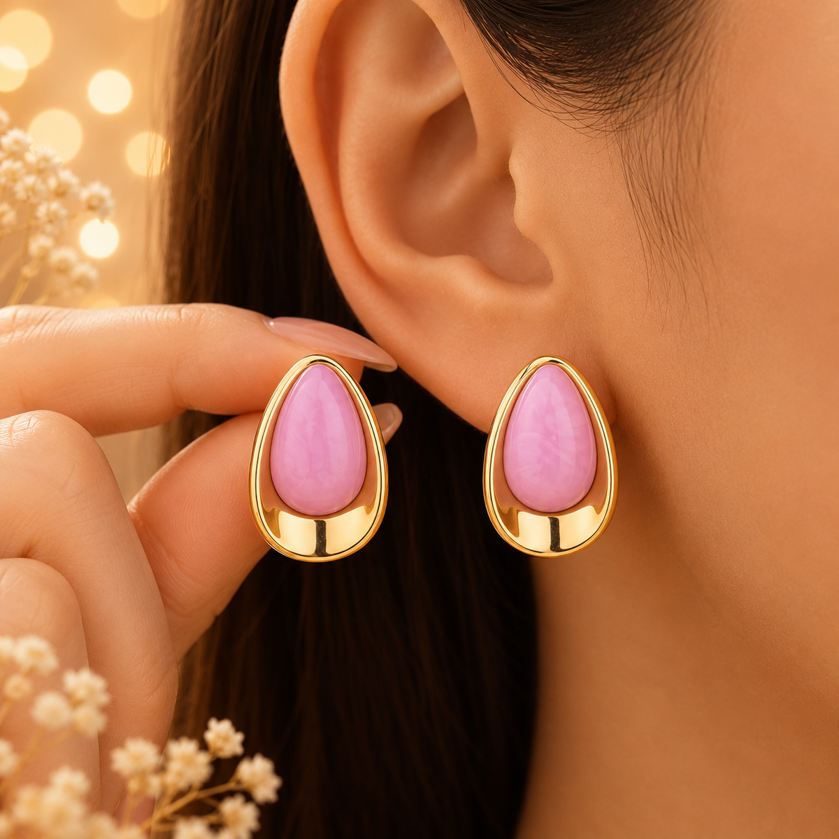 Boucles d’oreilles dorées pierre blanche – détail 4