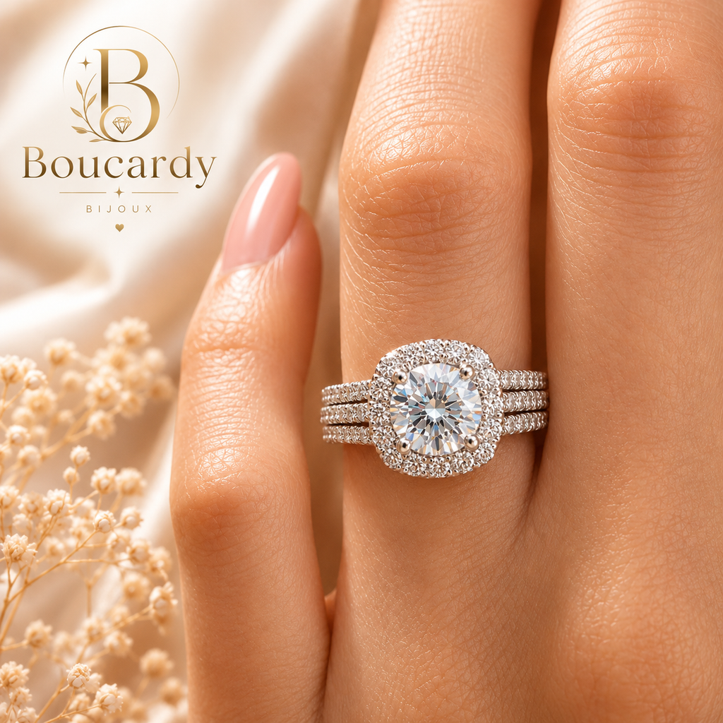 Bague Solitaire Halo Triple Rang Zircons Sertis – détail 6
