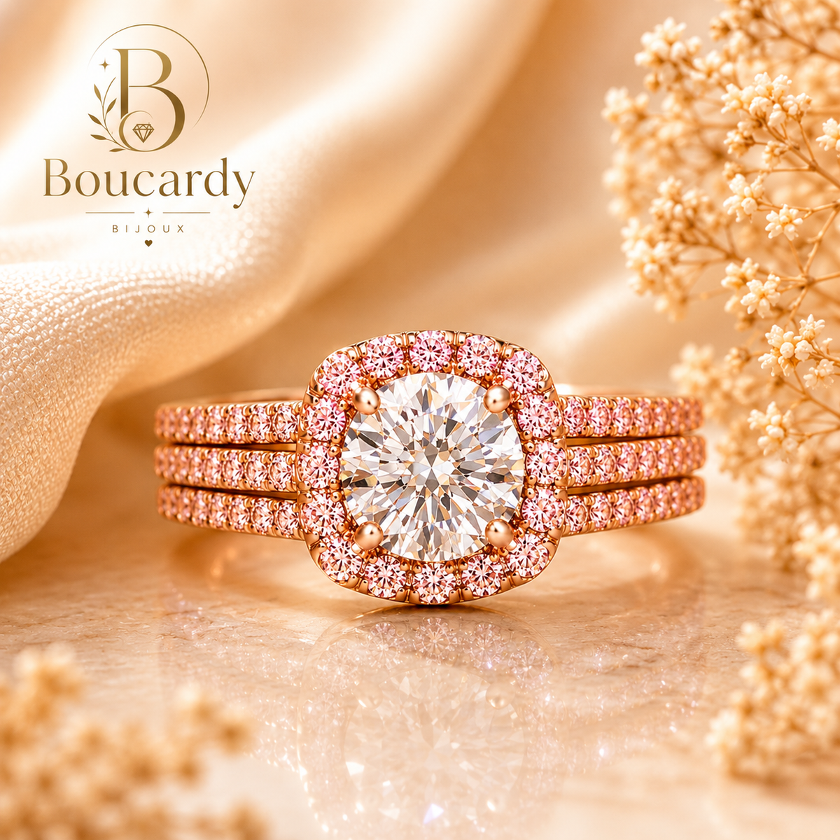 Bague Solitaire Halo Triple Rang Zircons Sertis – détail 3