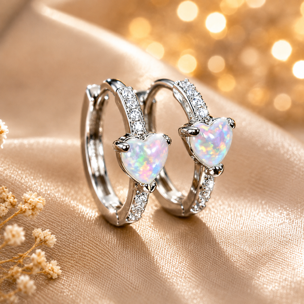 Boucles d’oreilles créoles cœur opale – détail 2