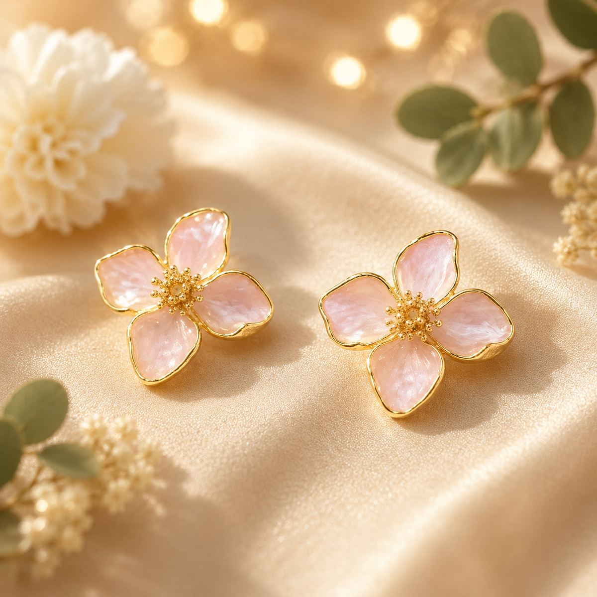 Boucles d’oreilles fleur rose dorée – vue principale