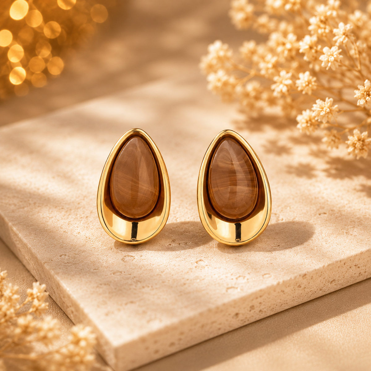 Boucles d’oreilles dorées pierre blanche – détail 3