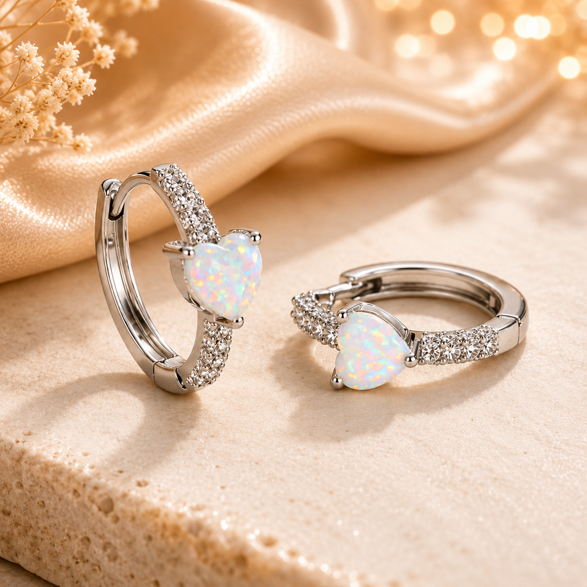 Boucles d’oreilles créoles cœur opale – détail 4