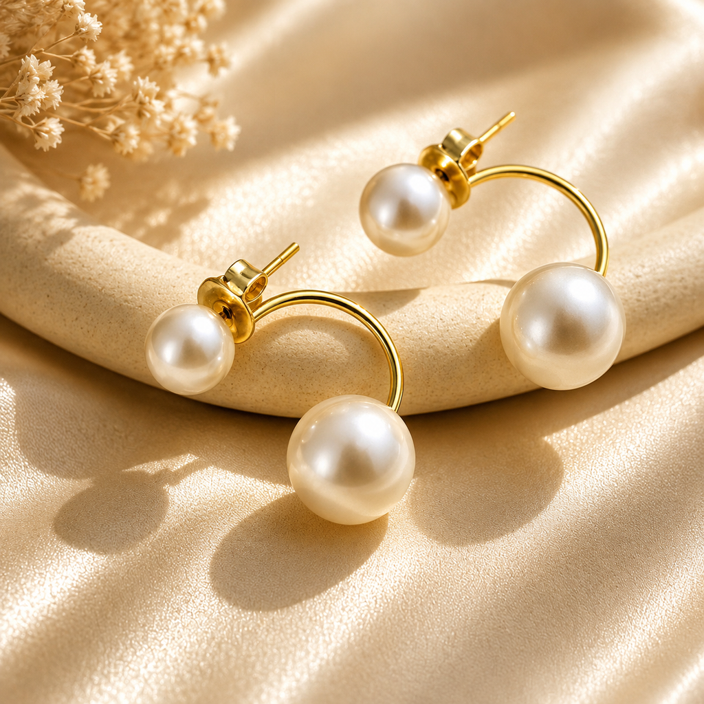Boucles d’oreilles pendantes double perle – détail 6