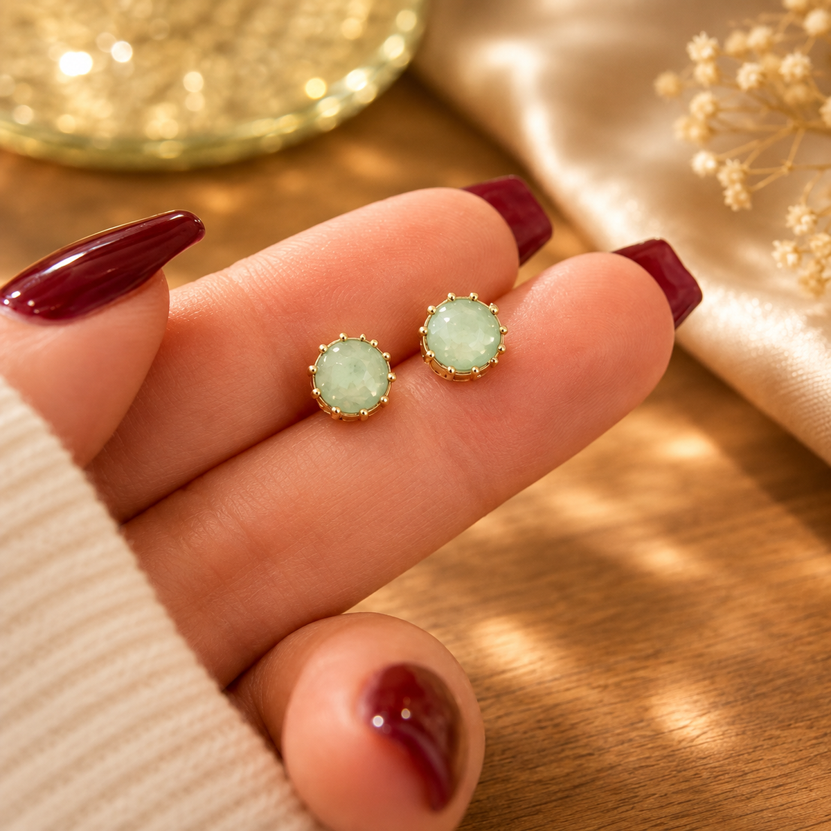 Boucles d’oreilles dorées pierre verte – vue principale