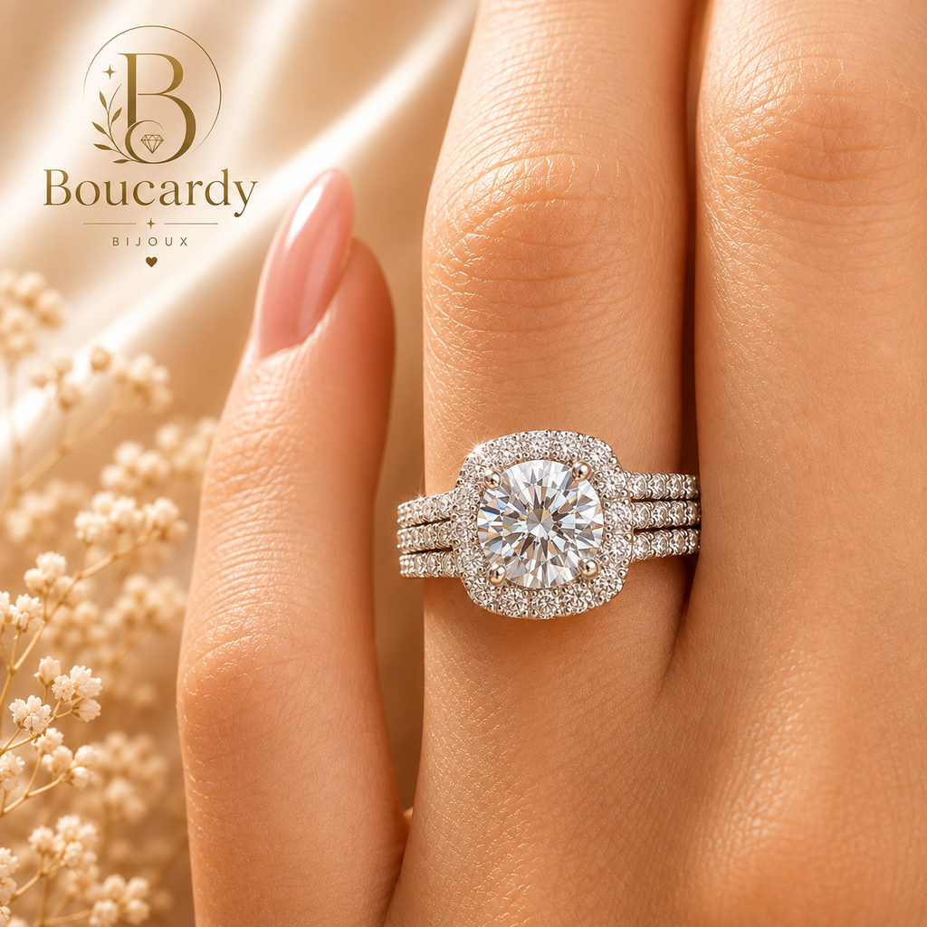 Bague Solitaire Halo Triple Rang Zircons Sertis – détail 5