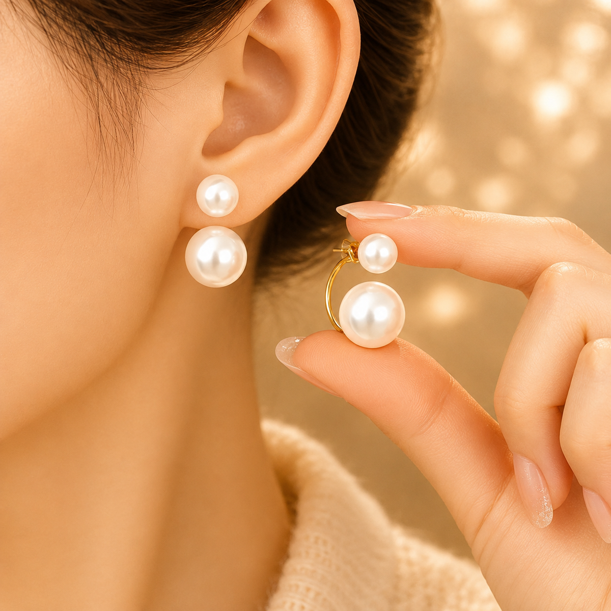 Boucles d’oreilles pendantes double perle – détail 3