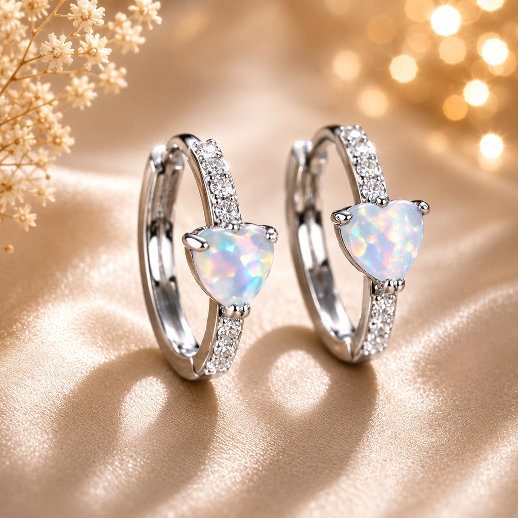Boucles d’oreilles créoles cœur opale – détail 3