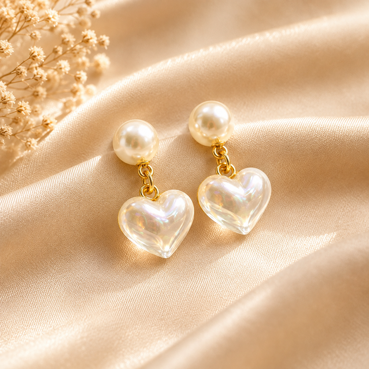 Boucles d’oreilles cœur perle blanche – détail 6