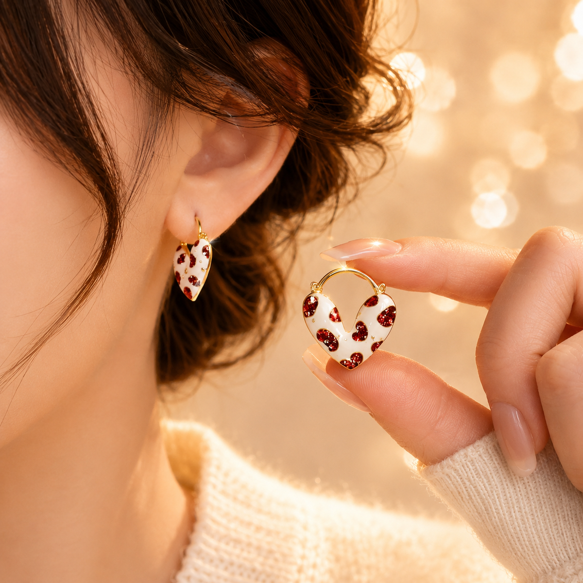 Boucles d’oreilles cœur léopard rouge et blanc – détail 7