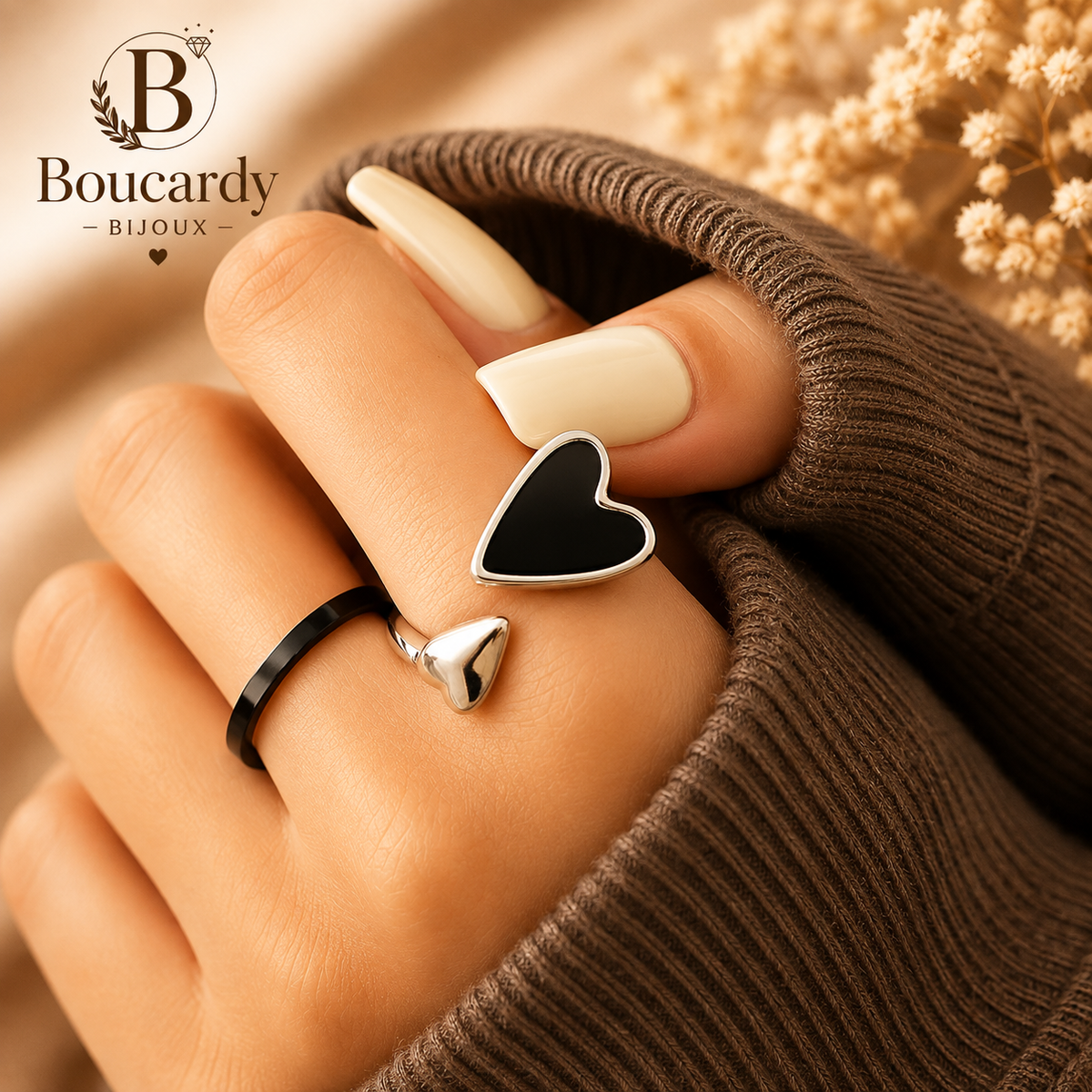 Bague cœur noir ajustable en acier inoxydable – détail 4