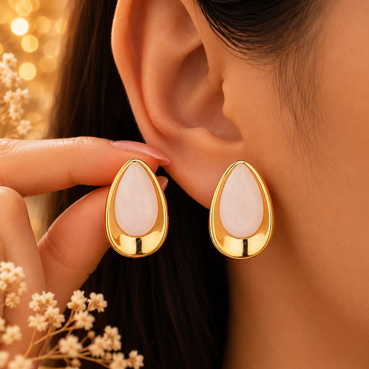 Boucles d’oreilles dorées pierre blanche – vue principale