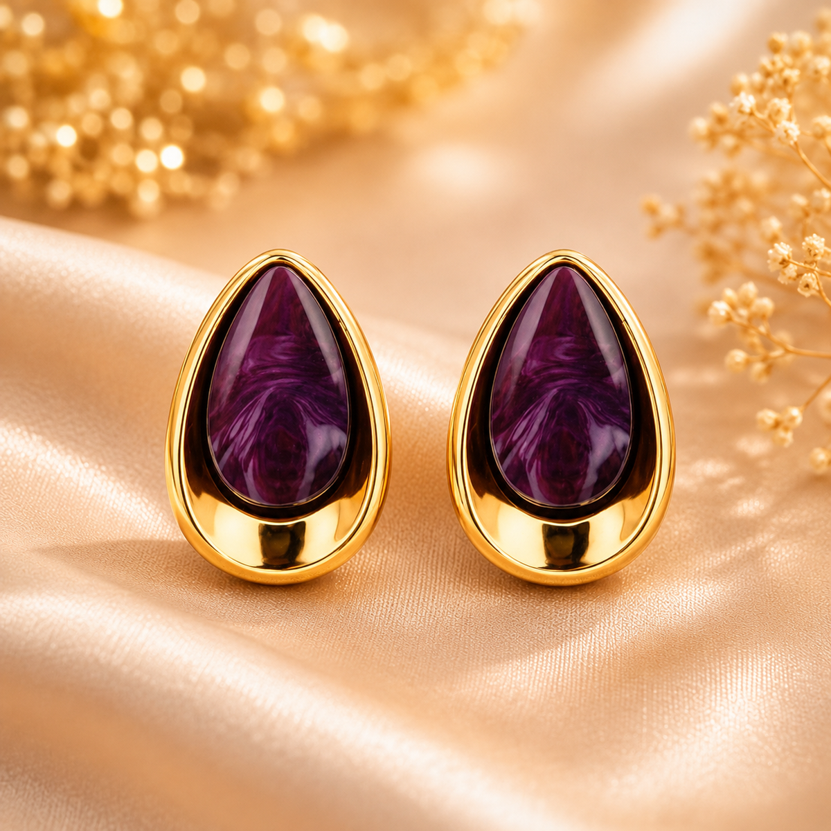 Boucles d’oreilles dorées pierre blanche – détail 2