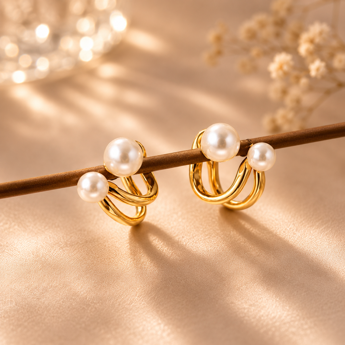 Boucles d’oreilles perles double dorées – détail 2
