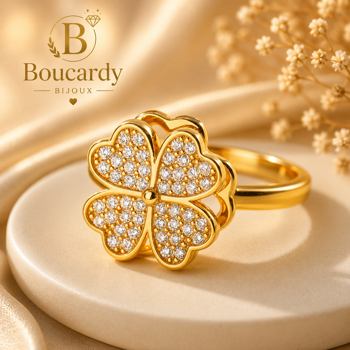 Bague Trèfle 4 Feuilles Plaqué Or 18K Zircons – détail 2