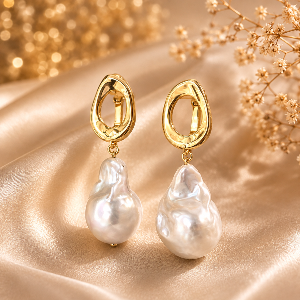 Boucles d’oreilles perles baroques dorées – détail 3