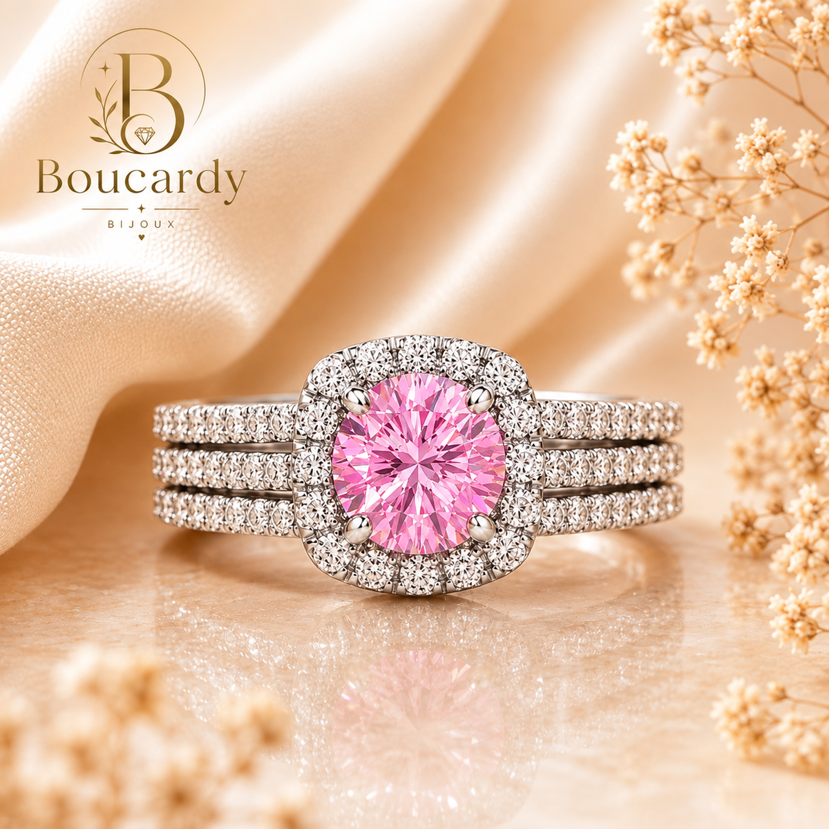 Bague Solitaire Halo Triple Rang Zircons Sertis – détail 2
