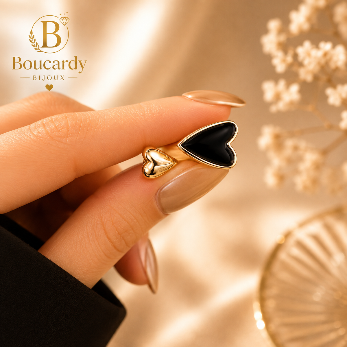 Bague cœur noir ajustable en acier inoxydable – détail 3