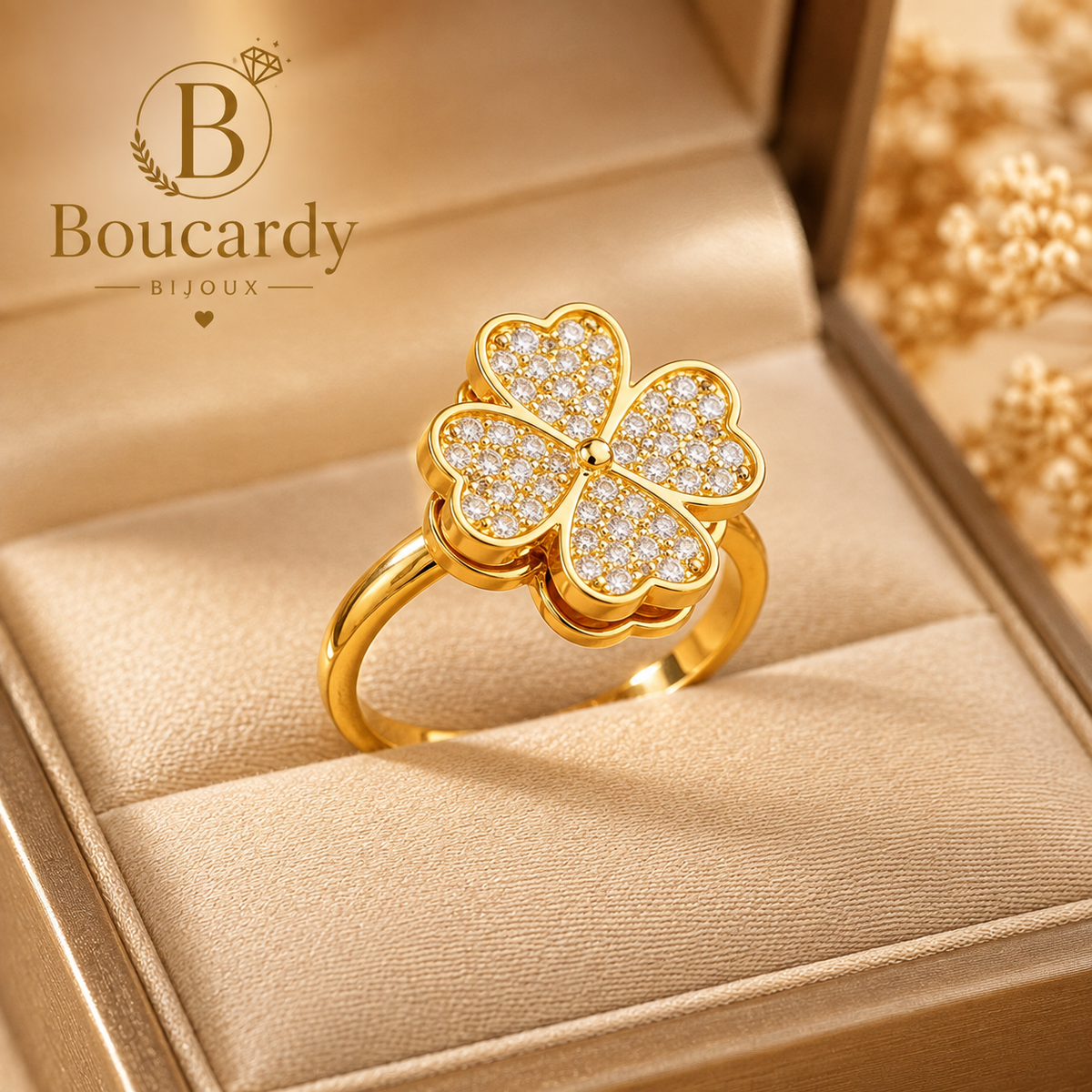 Bague Trèfle 4 Feuilles Plaqué Or 18K Zircons – vue principale