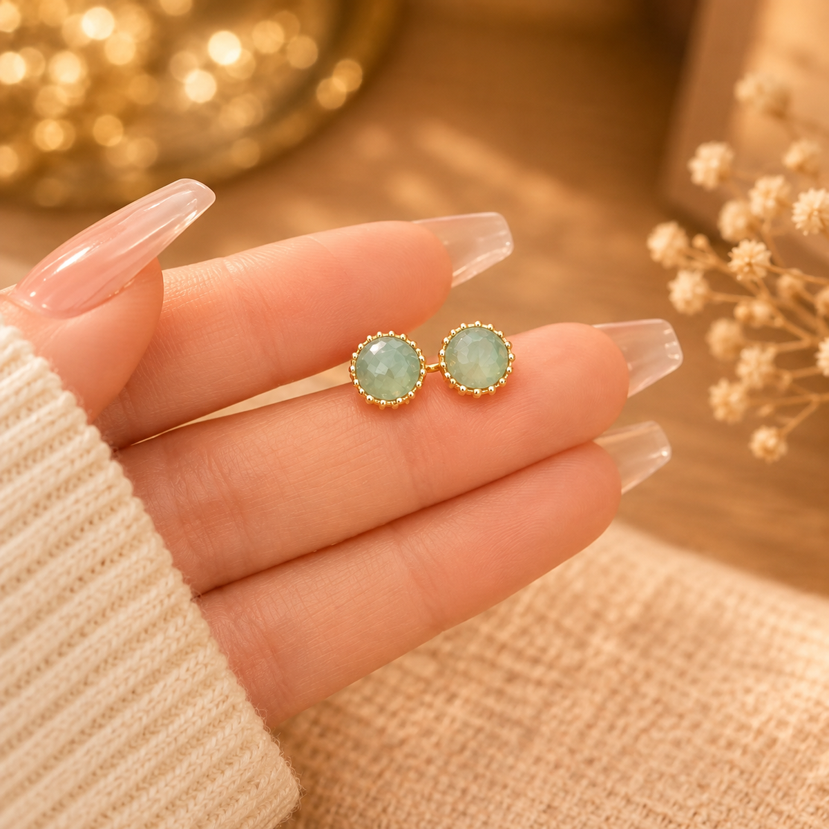 Boucles d’oreilles dorées pierre verte – détail 3
