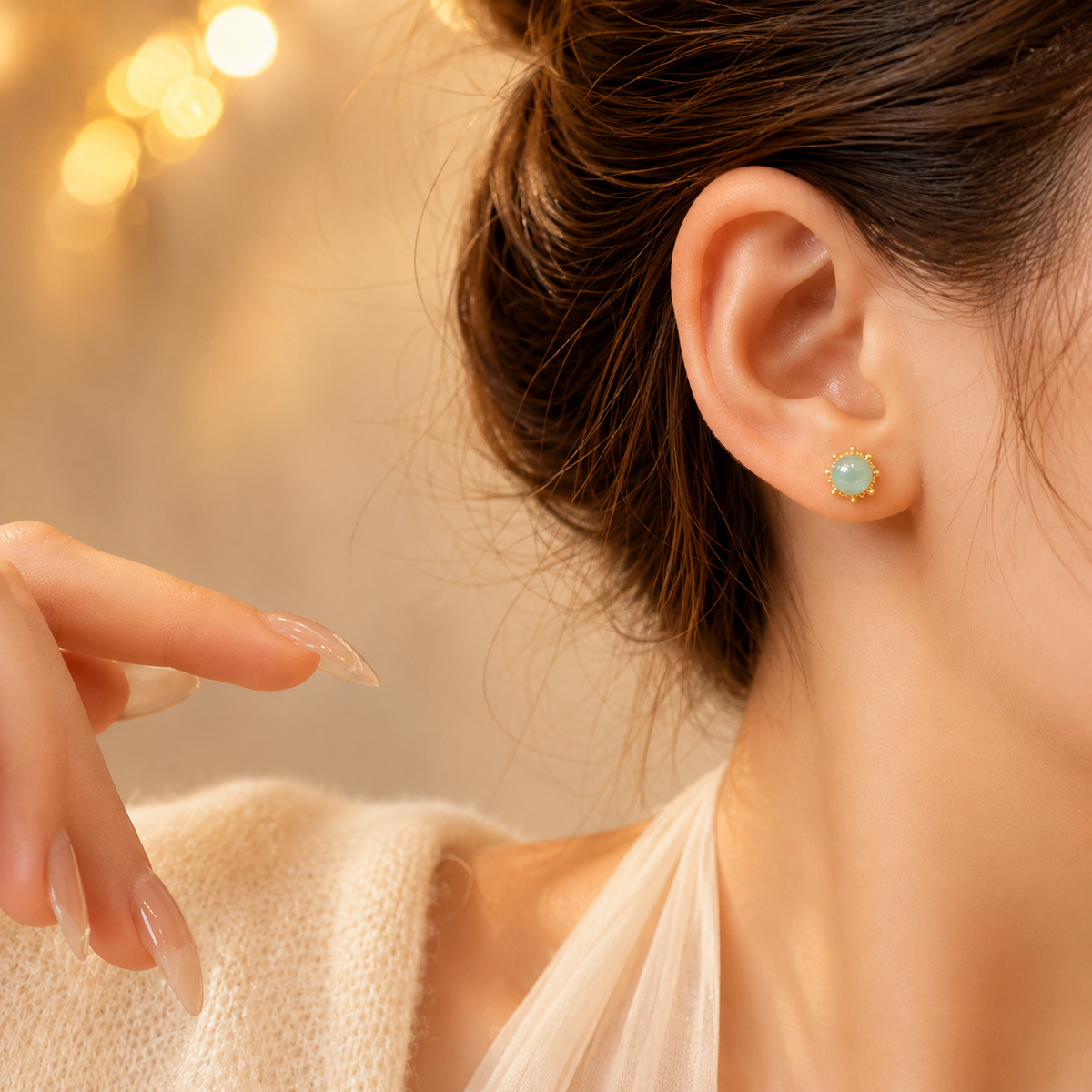 Boucles d’oreilles dorées pierre verte – détail 2