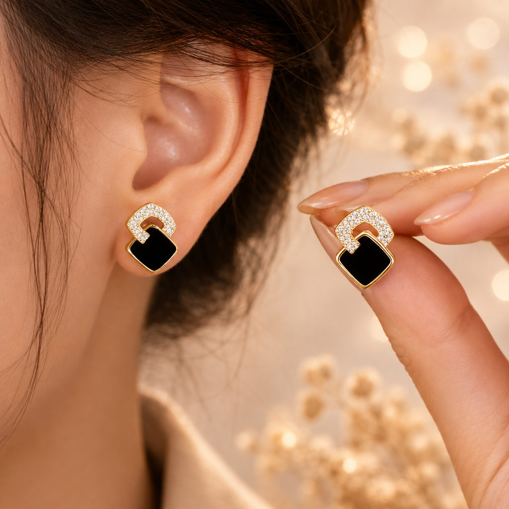 Boucles d’oreilles élégantes noir et or avec – détail 6