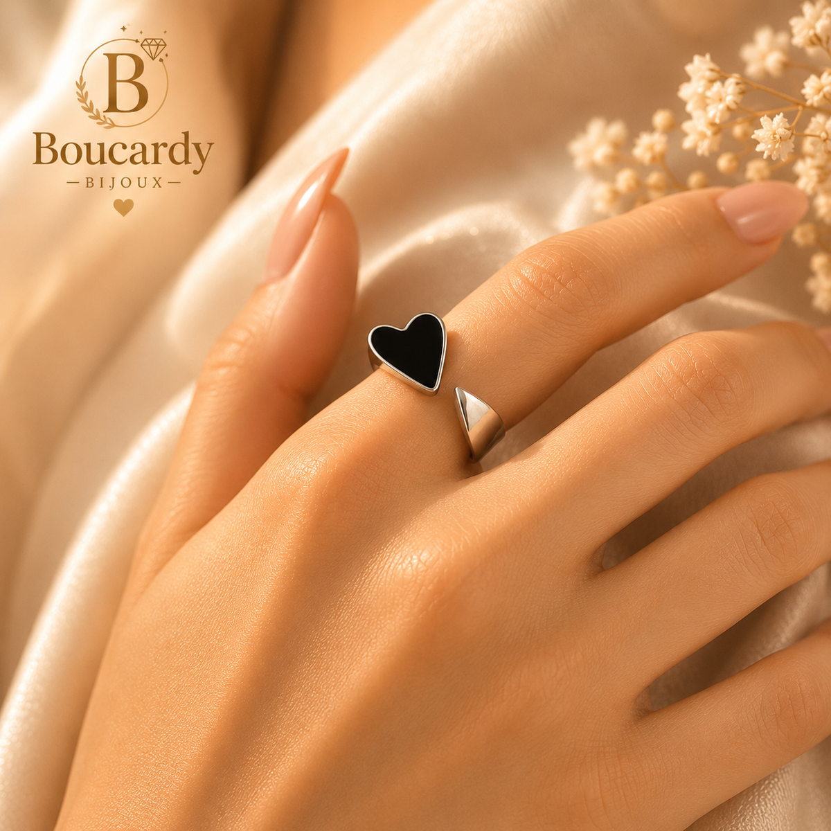 Bague cœur noir ajustable en acier inoxydable – détail 7