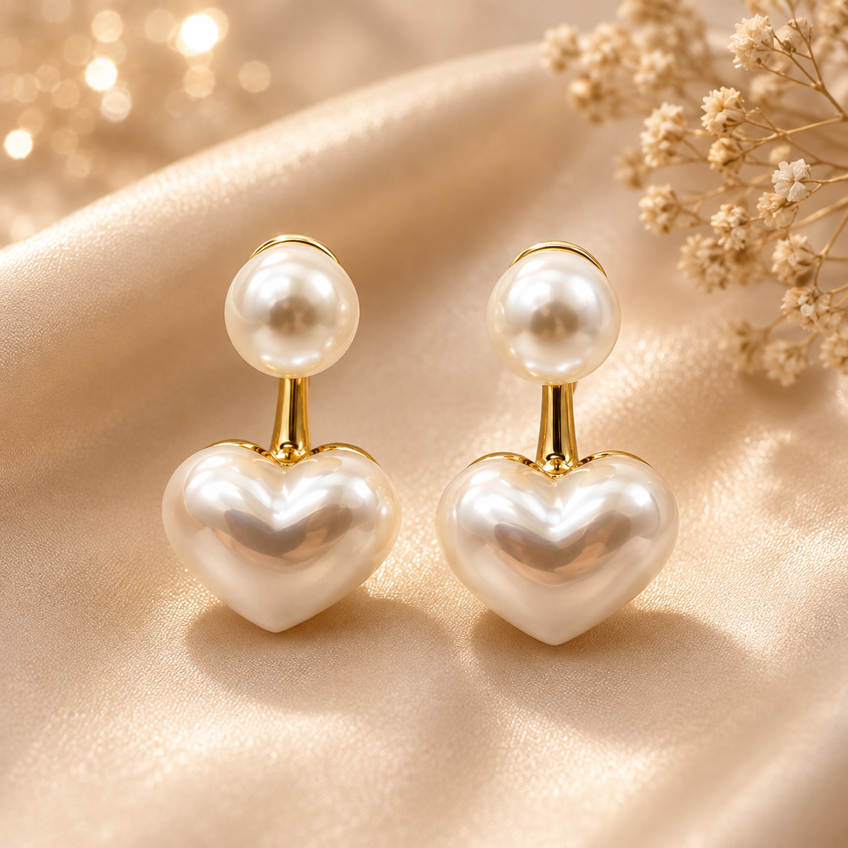 Boucles d’oreilles cœur perle blanche – détail 3