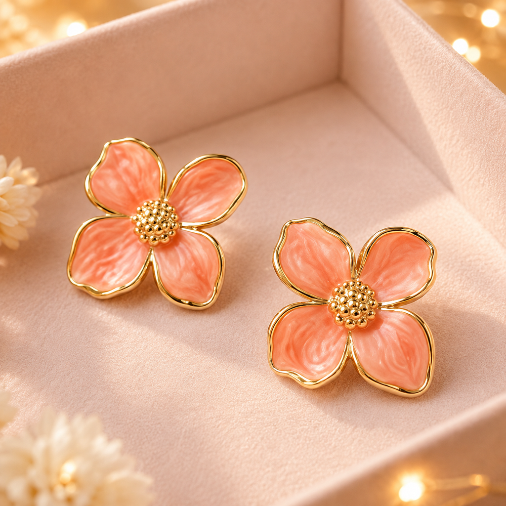 Boucles d’oreilles fleur rose dorée – détail 3