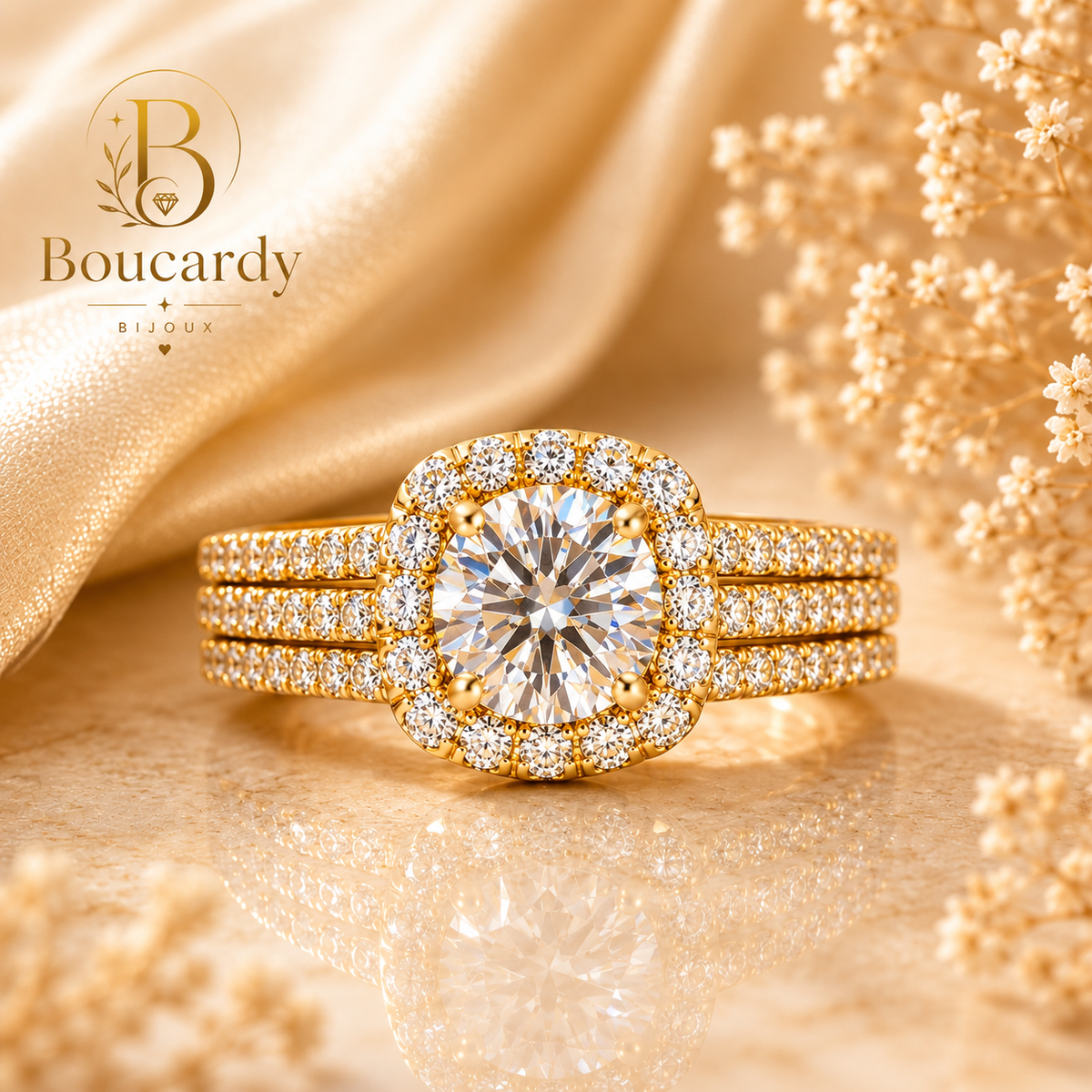 Bague Solitaire Halo Triple Rang Zircons Sertis – détail 4
