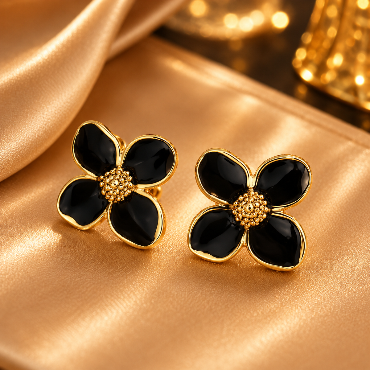 Boucles d’oreilles fleur rose dorée – détail 5