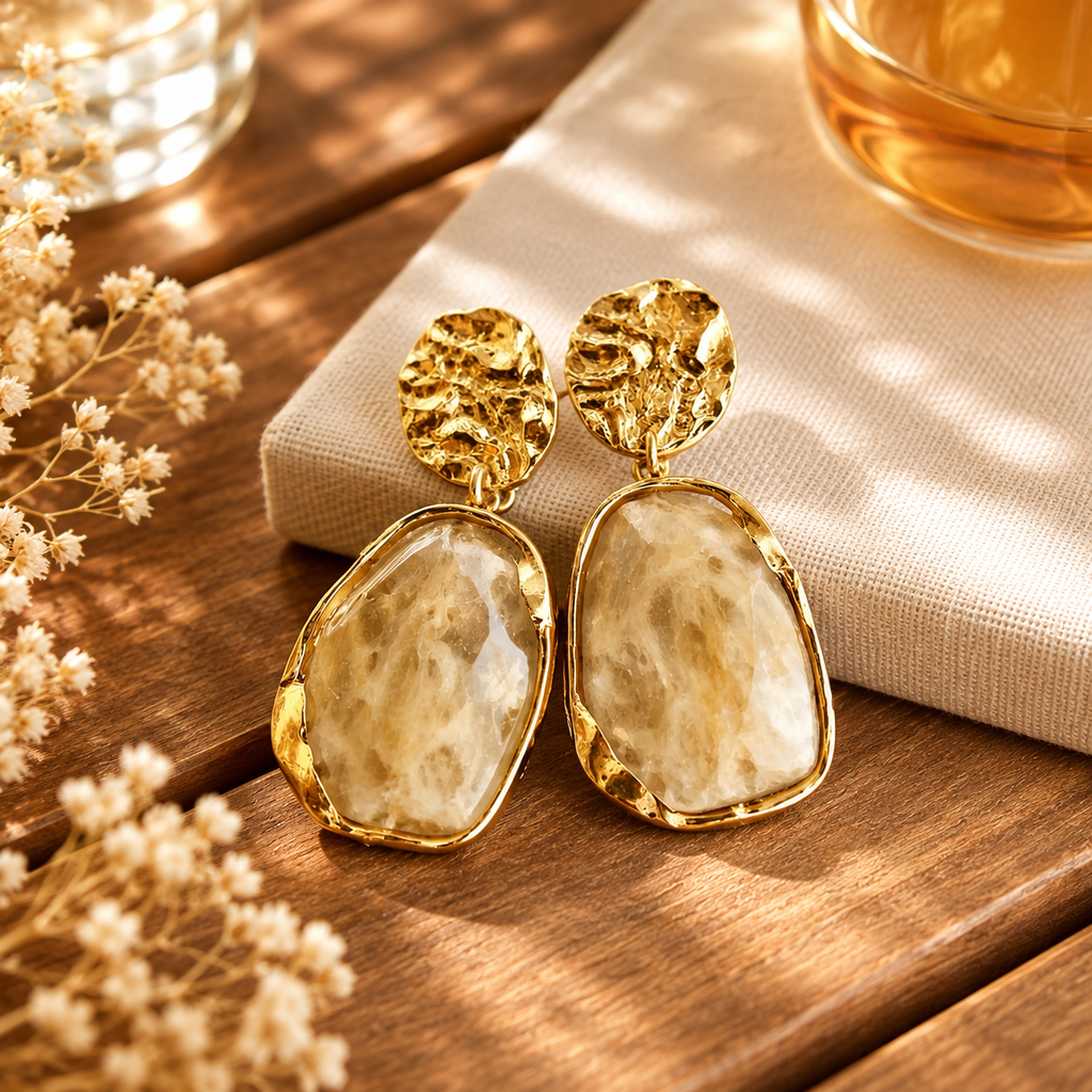 Boucles d’oreilles dorées pendantes pierre – détail 7