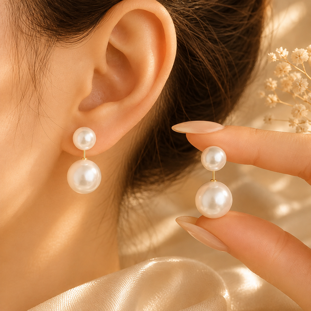 Boucles d’oreilles pendantes double perle – détail 4