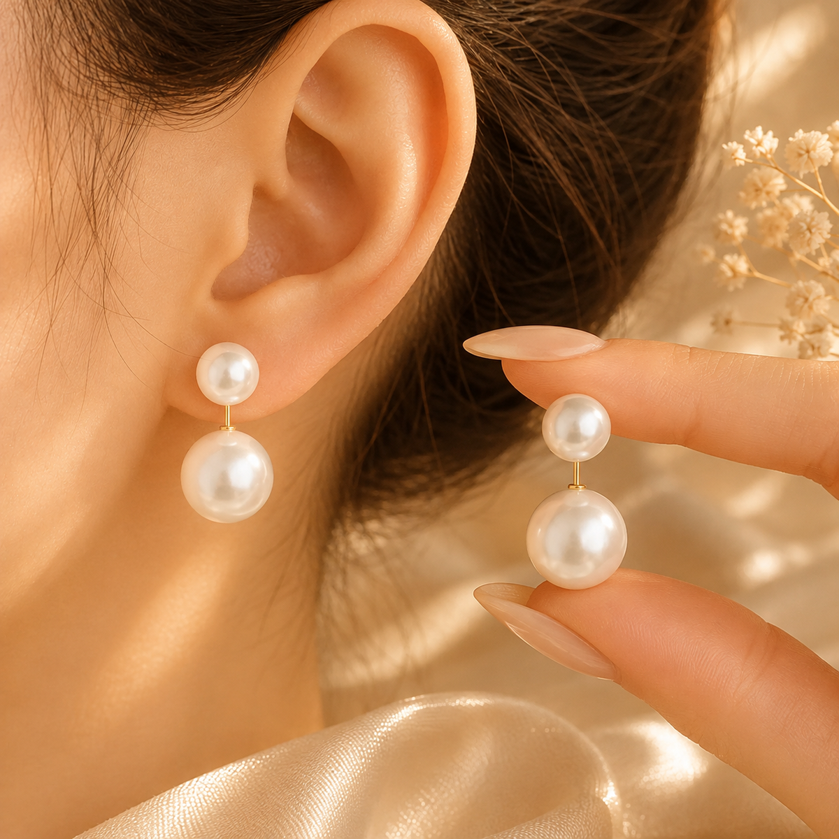 Boucles d’oreilles pendantes double perle – détail 4