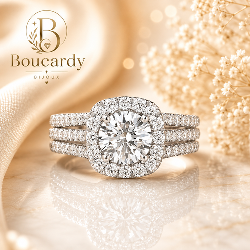 Bague Solitaire Halo Triple Rang Zircons Sertis – vue principale