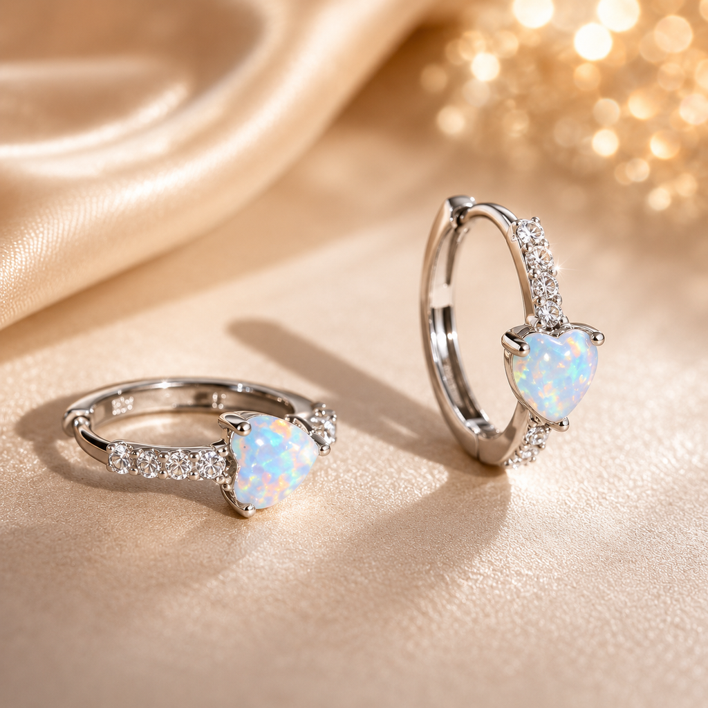 Boucles d’oreilles créoles cœur opale – détail 7
