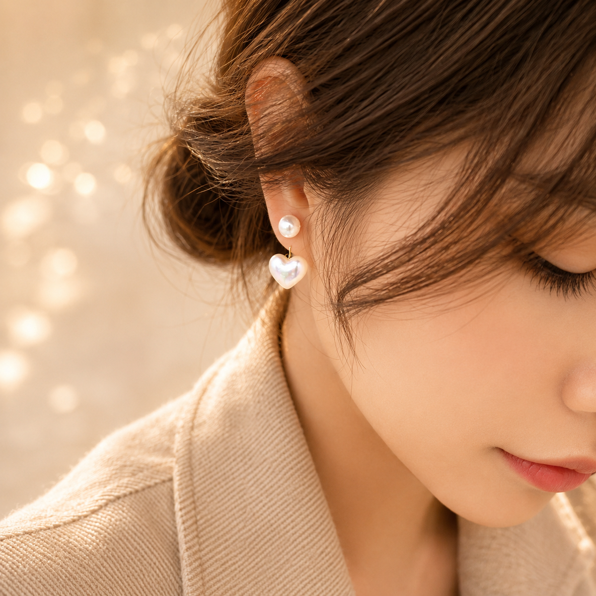 Boucles d’oreilles cœur perle blanche – détail 2