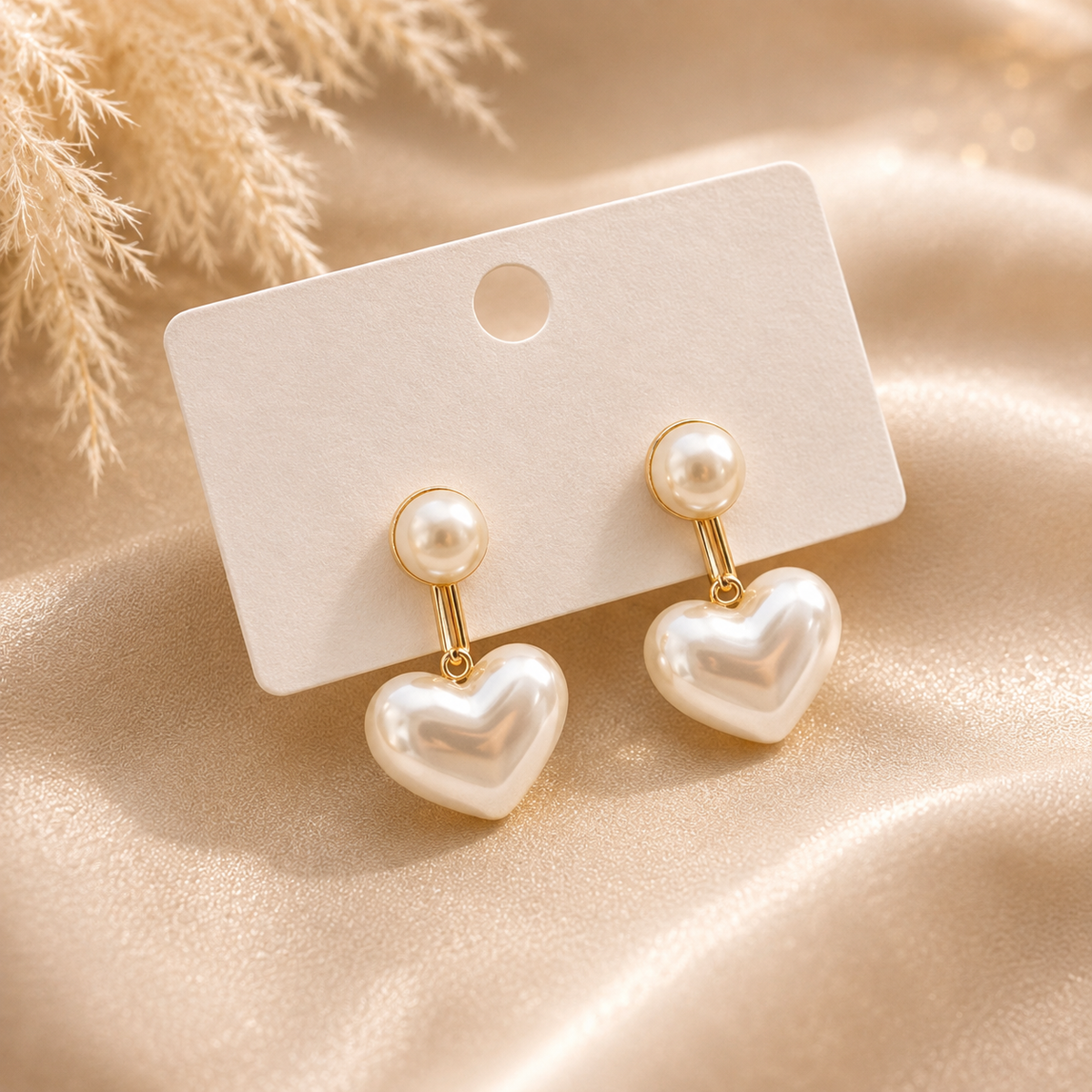 Boucles d’oreilles cœur perle blanche – détail 4