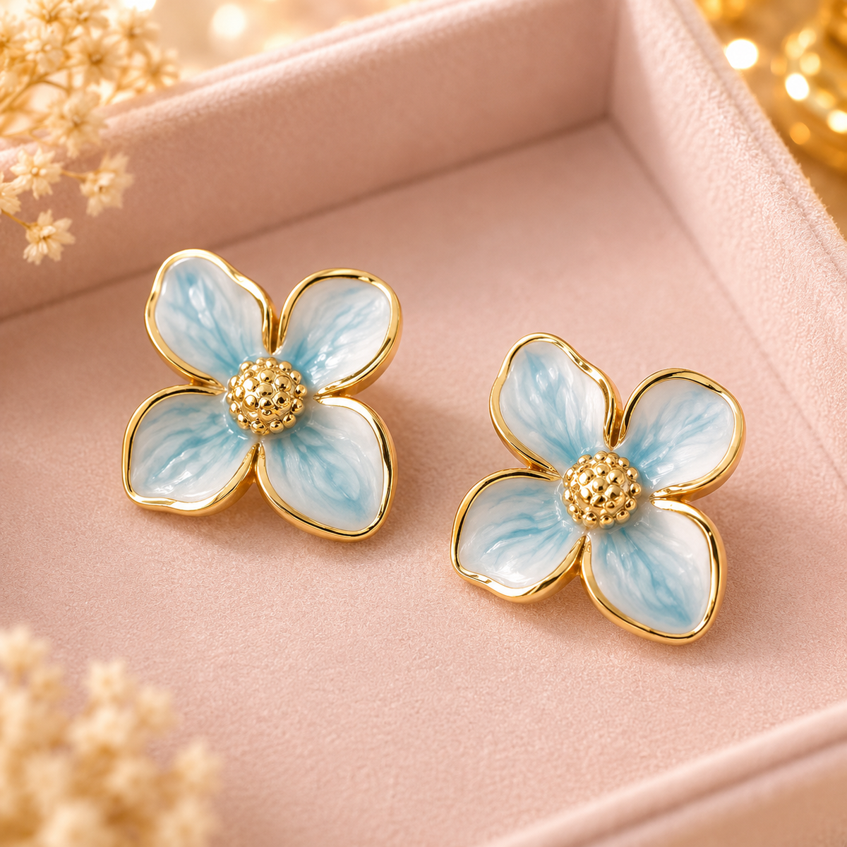 Boucles d’oreilles fleur rose dorée – détail 4