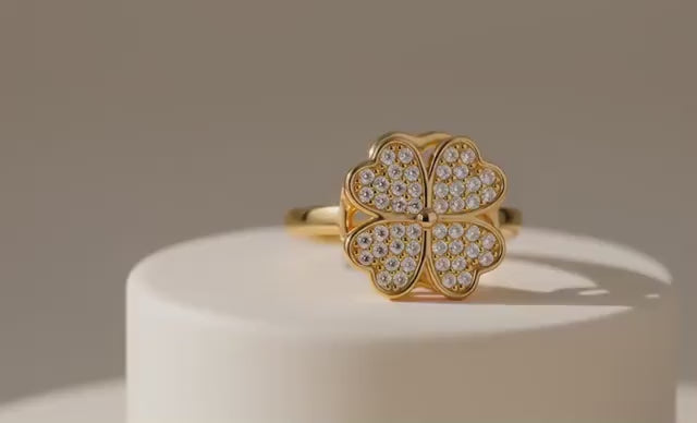 Bague Femme Trèfle 4 Feuilles Plaqué Or 18K Zircons Brillants
