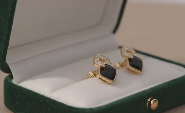 Boucles d’oreilles élégantes noir et or avec cristaux scintillants – bijoux modernes chic – cadeau femme